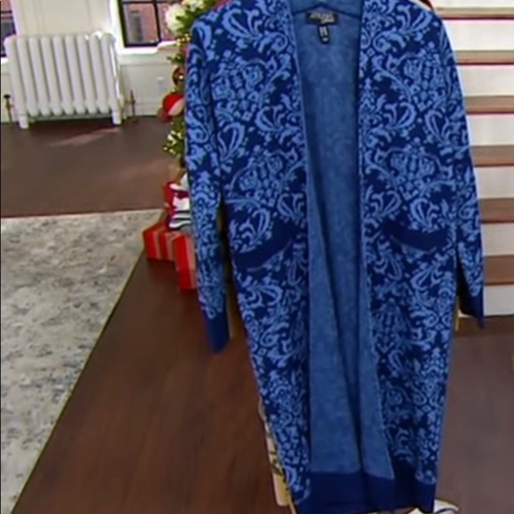 Jacquard Draped Open Front Duster Cardigan Blue Floral Relaxed Fit plus size 2XP - Picture 3 of 8